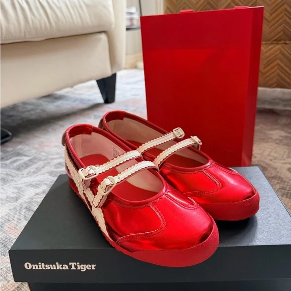 Onitsuka Mexico 66 Tgrs Red Women's Mary Jane Flats with Cream Trim - Picture 5 of 9